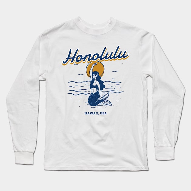 Honolulu Hawaii USA Mermaid and Ocean Waves Long Sleeve T-Shirt by LittleFlairTee